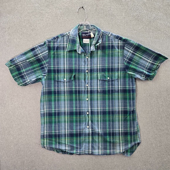 Wrangler Men Button Up Shirt XL Green Plaid Western Pearl Snap Collar - Picture 1 of 9